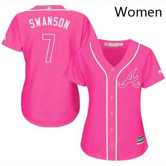 Womens Majestic Atlanta Braves 7 Dansby Swanson Authentic Pink Fashion Cool Base MLB Jersey